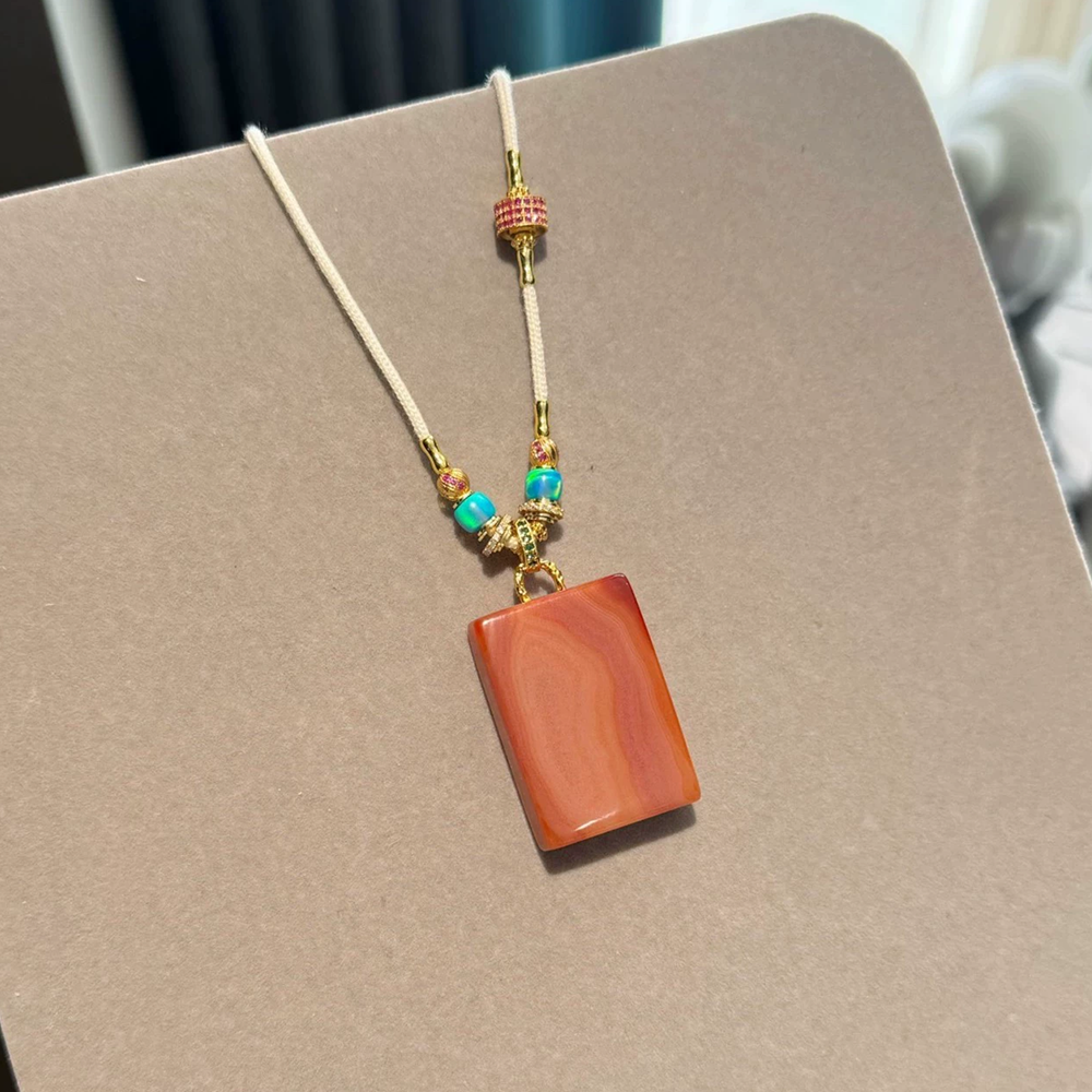 Exclusive Pendant Necklace – Powdery Pink Agate with Red Sandalwood Eyes and Opal Inlay Aoao Toys
