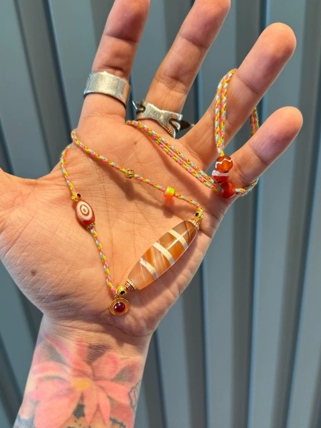 🌟 West Asian Style Orange-Pink Rainbow Agate Dzi Necklace Unique Piece • Natural Material • 925 Silver-Gilt Accents Aoao Toys