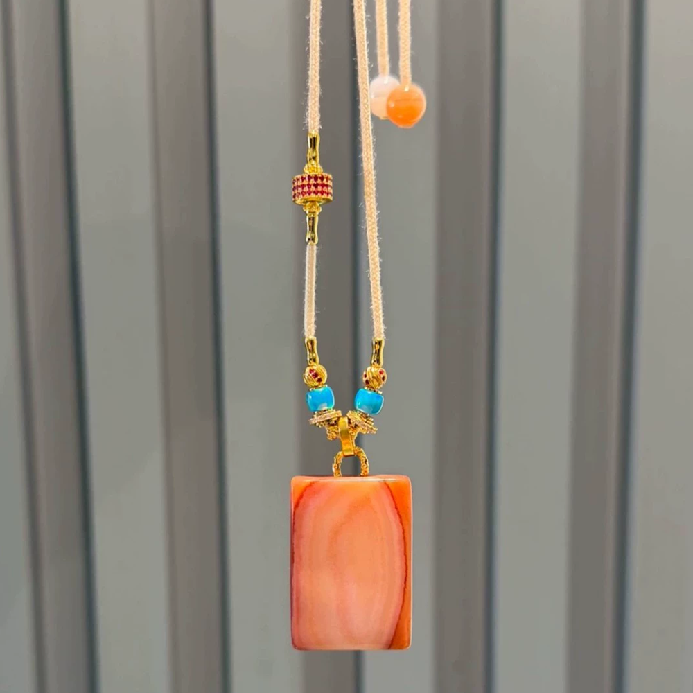 Exclusive Pendant Necklace – Powdery Pink Agate with Red Sandalwood Eyes and Opal Inlay Aoao Toys