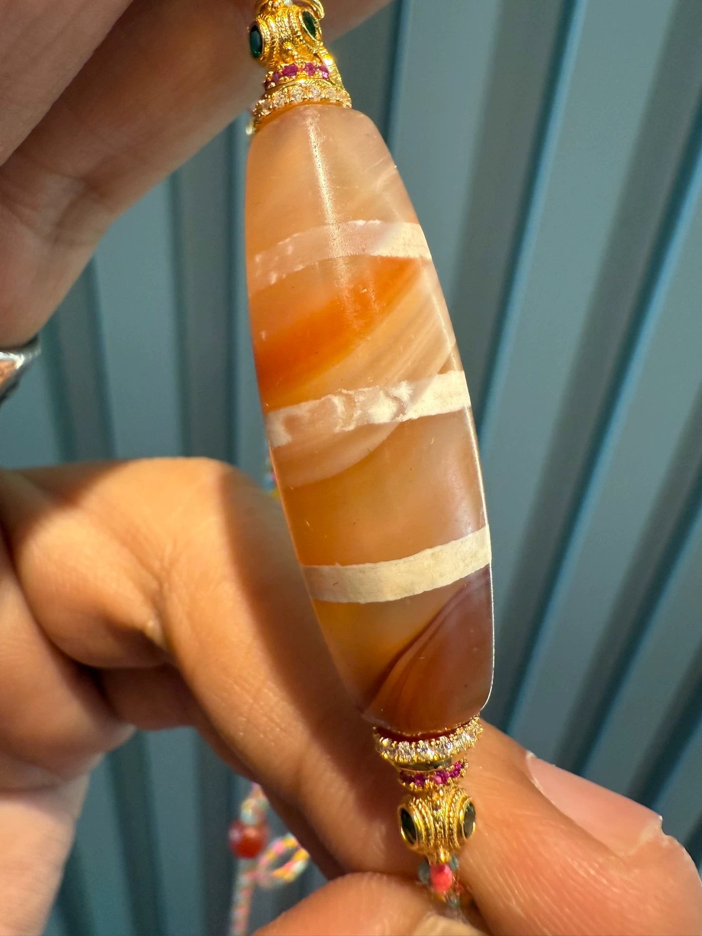 🌟 West Asian Style Orange-Pink Rainbow Agate Dzi Necklace Unique Piece • Natural Material • 925 Silver-Gilt Accents Aoao Toys