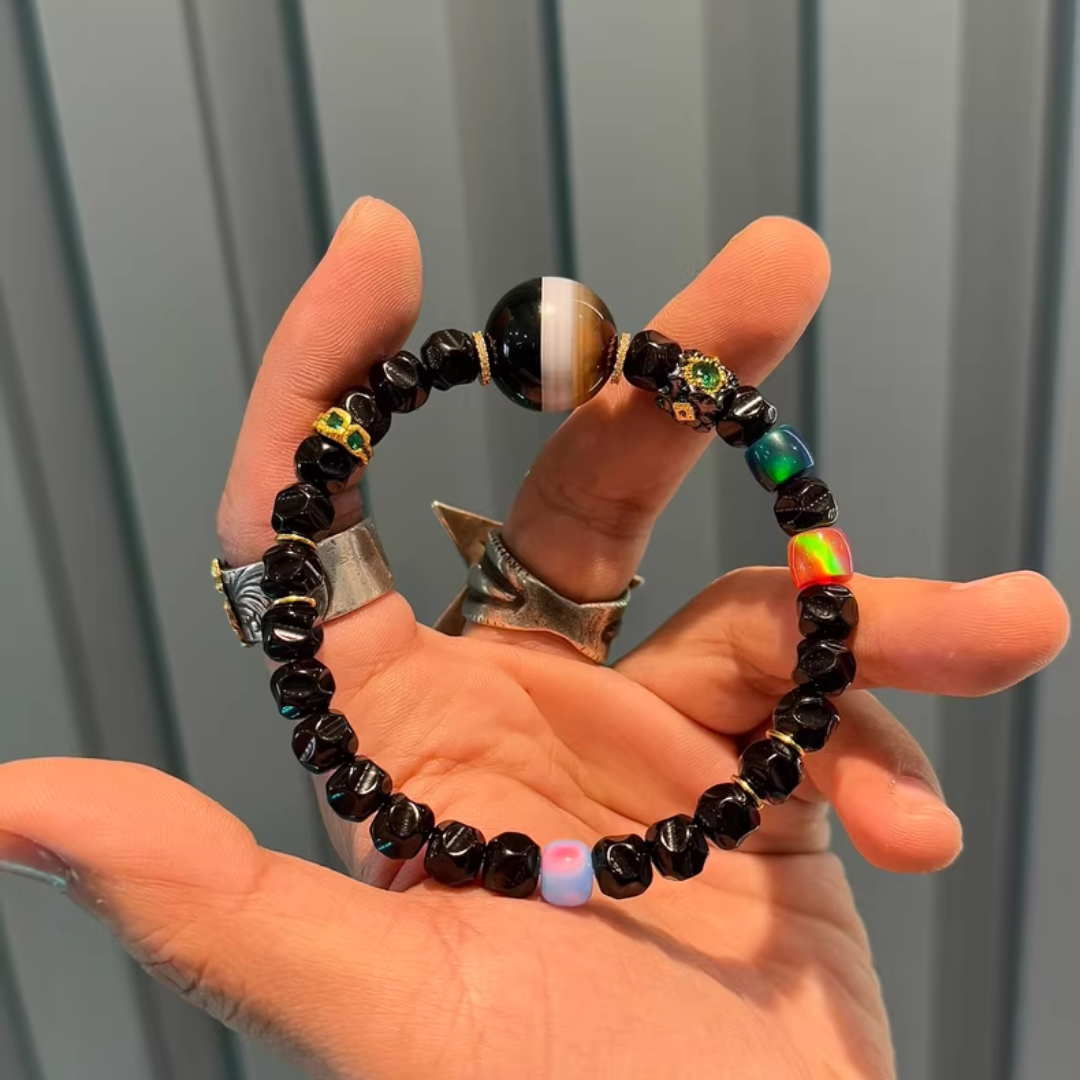 Lucky Water Color: Black Gold Coconut Seed 8mm Bead Bracelet – Tibetan-Inspired Medicine Beads with Multicolor PYU