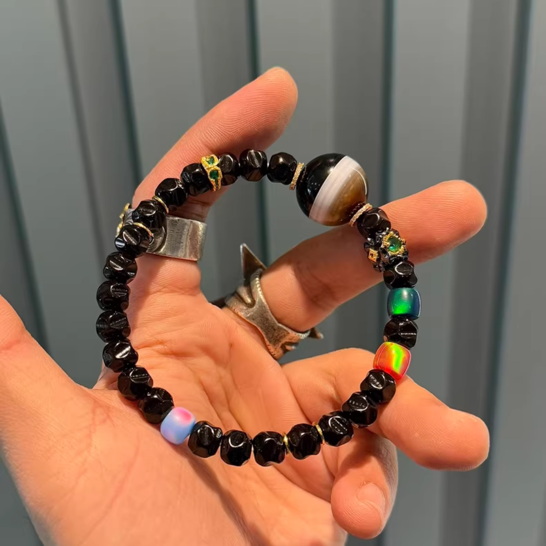 Lucky Water Color: Black Gold Coconut Seed 8mm Bead Bracelet – Tibetan-Inspired Medicine Beads with Multicolor PYU