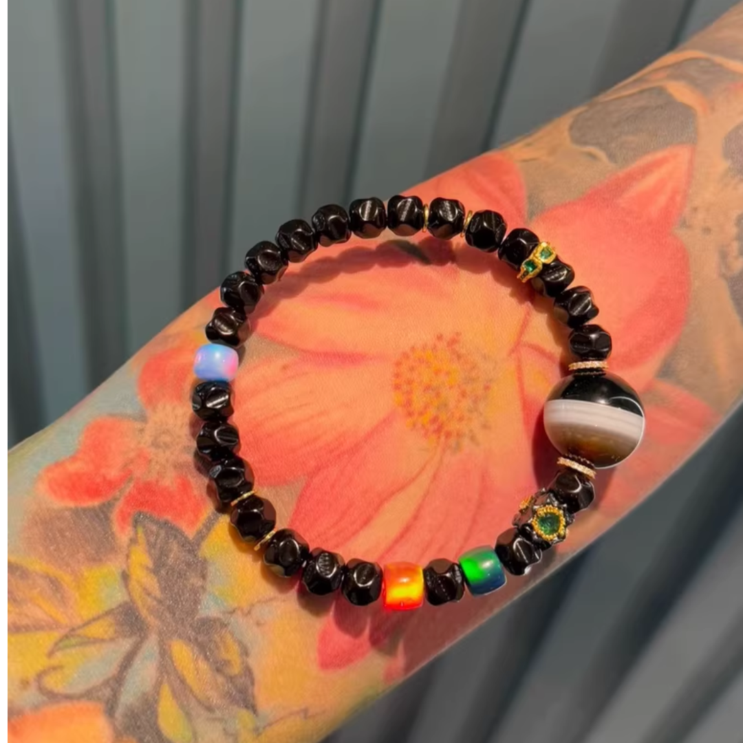 Lucky Water Color: Black Gold Coconut Seed 8mm Bead Bracelet – Tibetan-Inspired Medicine Beads with Multicolor PYU