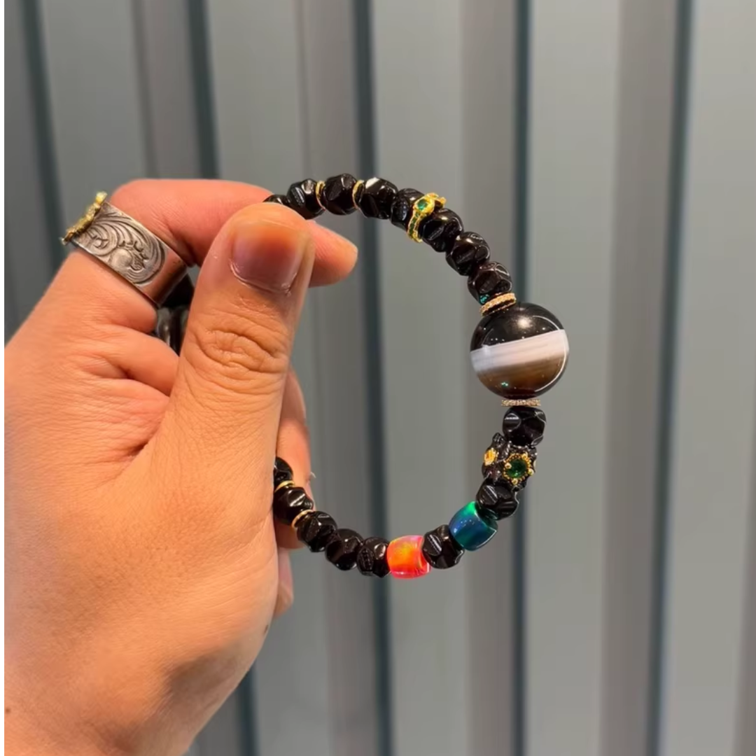 Lucky Water Color: Black Gold Coconut Seed 8mm Bead Bracelet – Tibetan-Inspired Medicine Beads with Multicolor PYU