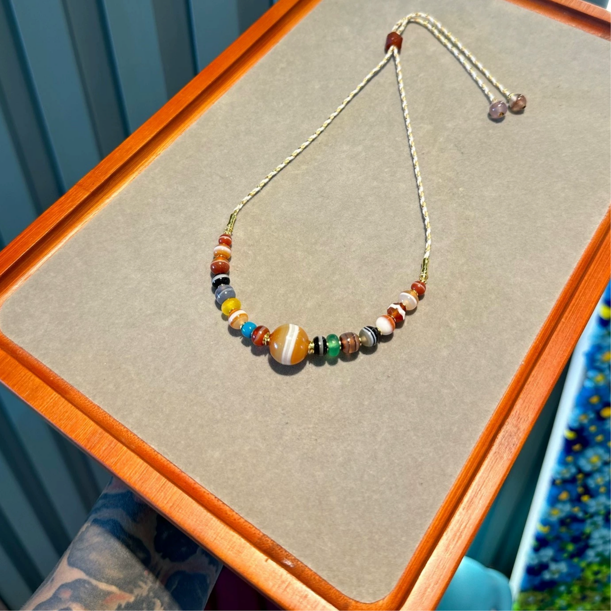Multi-Treasure Necklace: Collarbone Chain (Striped Agate, One-Line Yakushi), Colorful Ancient Beads, Western Asia PYU Beads, Red Agate, Engraved Tibetan Pendant Aoao Toys