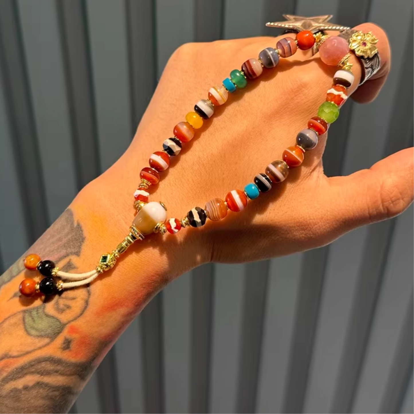 Water Lucky Color:Treasure Bracelet – Agate & Medicine Beads with Rainbow Design