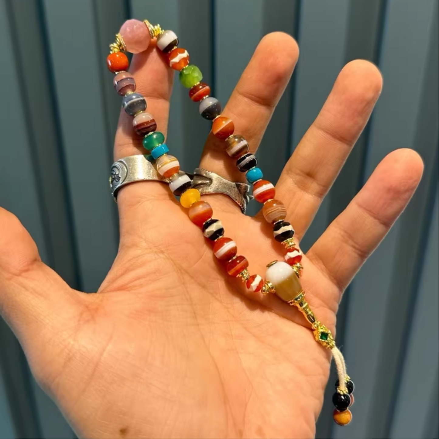 Water Lucky Color:Treasure Bracelet – Agate & Medicine Beads with Rainbow Design